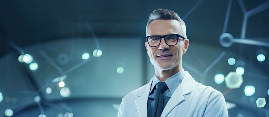 Wall Mural - i feel great happy successful researcher wearing a uniform and standing in the lab. website header. 