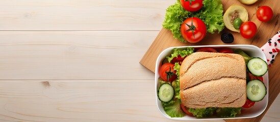 Poster - Healthy lunch box with sandwich and vegetables on office table Top view Flat lay. Website header. Creative Banner. Copyspace image