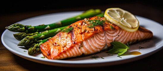 Poster - grilled salmon with asparagus on white plate soft focus. Website header. Creative Banner. Copyspace image