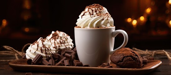 Wall Mural - Glass of hot chocolate with whipped cream and truffles on an old brown table Copy space. Website header. Creative Banner. Copyspace image