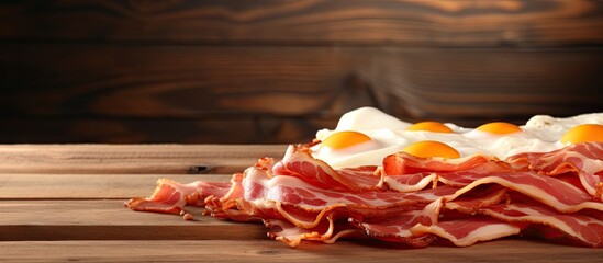 Sticker - Fried eggs with bacon on the wooden table. Website header. Creative Banner. Copyspace image