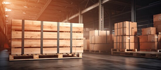 interior of storage warehouse large shipment crate wooden pallet cargo import and export warehouse shipping logistics and transport. Website header. Creative Banner. Copyspace image