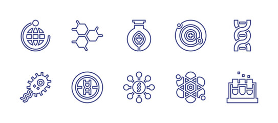 Science line icon set. Editable stroke. Vector illustration. Containing molecular structure, biology, dna, test tubes, bacteria, orbit, neutron, atom.
