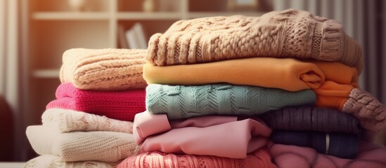 Poster - Neat and tidy pile of warm sweaters on gray sofa Knitwear care Knitted jumpers for cold fall and winter season. Website header. Creative Banner. Copyspace image