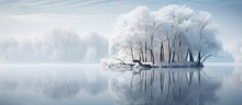 In Late Autumn On Grassy Banks Of The River Trees Stand Without Leaves After A Night Frost Grass Bushes And Tree Branches Are Covered With Frost The Trees Are Reflected In The Calm Water Cold