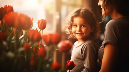 Wall Mural - Woman and child with bouquet of flowers. Spring family holiday concept. Women's day