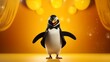 An adorably clumsy penguin in a bowtie, striking a comical pose on a vibrant yellow stage, creating a laughter-inducing scene captured in vivid detail by a high-definition camera.