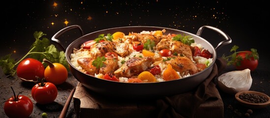 Aufkleber - homemade chicken stew with tomatoes onions carrot and potatoes on plate with rice. Website header. Creative Banner. Copyspace image