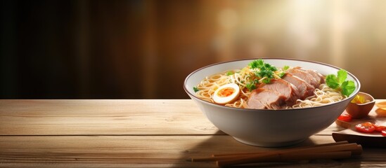 Poster - Instant noodle soup with minced pork and boiled egg in white bowl on wood table. Website header. Creative Banner. Copyspace image