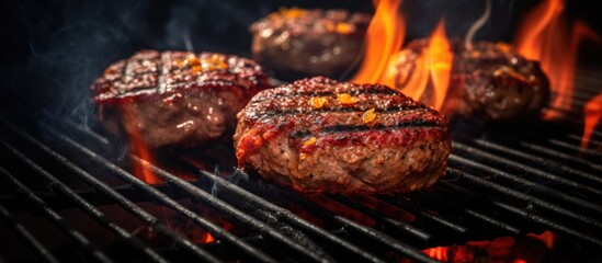 Poster - Juicy beef hamburger patties sizzling over hot flames on the barbecue. Website header. Creative Banner. Copyspace image