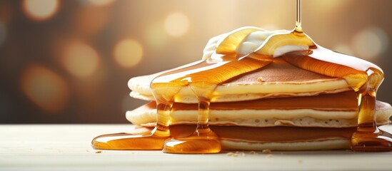Poster - Fluffy buttermilk pancakes with butter and maple syrup. Website header. Creative Banner. Copyspace image