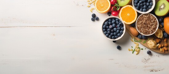 Poster - Healthy breakfast with oatmeal porridge fruits and nuts Blueberry mango pumpkin seeds nuts coffee cup Top view Female hands. Website header. Creative Banner. Copyspace image