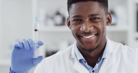 Aufkleber - Science, vaccine and research with face of man in laboratory for experiment, syringe and healthcare. Analysis, medical and medicine with African scientist and portrait for cure, chemistry and study