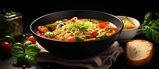 Aufkleber - Minestrone italian vegetable soup with pasta on dark table. Website header. Creative Banner. Copyspace image