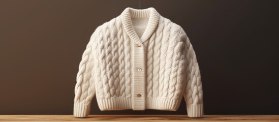Poster - Hand made cable knit sweater sweater Texture of warm knitted fabric with pattern White crumpled cardigan Cozy autumn outfit for snuggle weather. Website header. Creative Banner. Copyspace image