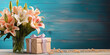 A bouquet of beautiful white lilies in a gift box and a gift box. The concept of Valentine's Day. Place for the text