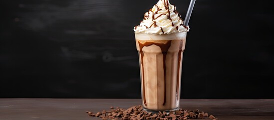 Wall Mural - Iced chocolate coffee frappe topped with whipped cream and chocolate shavings. Website header. Creative Banner. Copyspace image