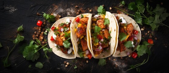 Sticker - Mexican Tacos al pastor food top view in Mexico. Website header. Creative Banner. Copyspace image