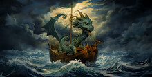 Stormy Weather A Dragon In Front Of A Boat, Halloween Night Scene With Moon