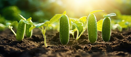 Poster - Green seedlings of cucumbers in a sunny greenhouse in spring. Website header. Creative Banner. Copyspace image