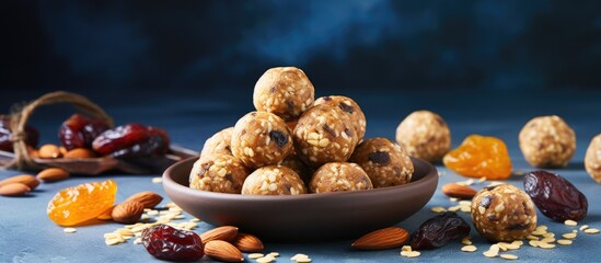 Poster - Oatmeal energy balls No cook energy bites with nuts dried fruits and peanut butter. Website header. Creative Banner. Copyspace image