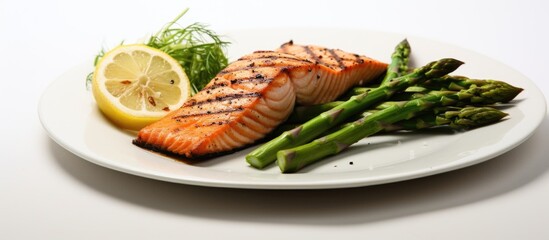 Poster - grilled salmon with asparagus on white plate soft focus. Website header. Creative Banner. Copyspace image