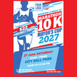 Marathon Running Pamphlet Design with silhouettes of 10 K people running