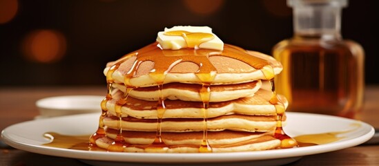 Poster - Fluffy buttermilk pancakes with butter and maple syrup. Website header. Creative Banner. Copyspace image