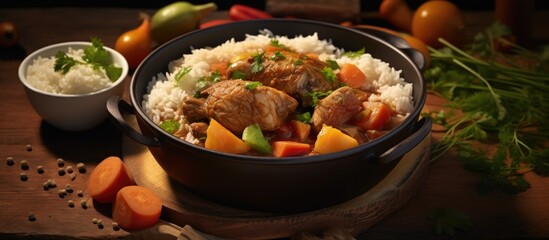 Aufkleber - homemade chicken stew with tomatoes onions carrot and potatoes on plate with rice. Website header. Creative Banner. Copyspace image