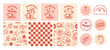 © Foxy Fox - Cartoon retro fast food seamless pattern, stickers. Groovy comic food vector characters. Vintage eating background with stickers, quotes for menu, cafe, restaurant