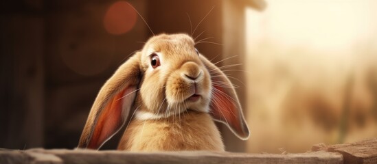 Poster - Holland Lop Lop eared red rabbit scratches his ear with his paw Animal life on the farm. Website header. Creative Banner. Copyspace image