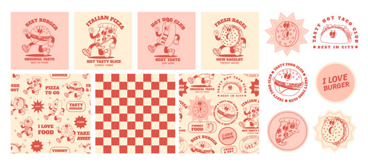 Cartoon retro fast food seamless pattern, stickers. Groovy comic food vector characters. Vintage eating background with stickers, quotes for menu, cafe, restaurant