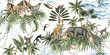 African elephant, lion, giraffe, leopard, monkey, lemur, toucan, palms, banana trees, palm leaves, sea wave, hibiscus flower pattern. Tropical island wallpaper.