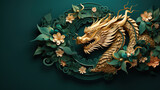 Traditional green with gold chinese dragon with copy space. New Year of the Dragon 2024