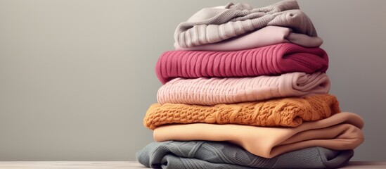 Poster - Pile of folded knitted warm women sweaters and scarves on gray background Soft comfortable cozy knitwear Copy space. Website header. Creative Banner. Copyspace image