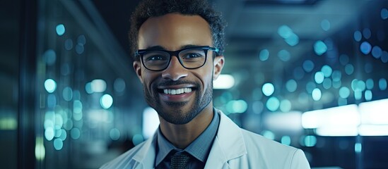 Wall Mural - i feel great happy successful researcher wearing a uniform and standing in the lab. website header. 