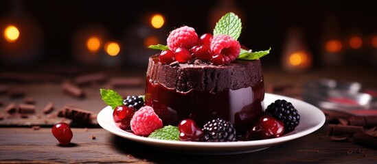 Poster - Healthy chocolate pudding with cocoa and berries. Website header. Creative Banner. Copyspace image