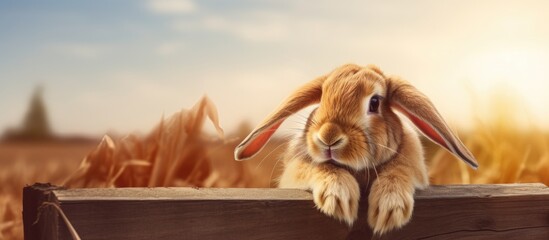 Poster - Holland Lop Lop eared red rabbit scratches his ear with his paw Animal life on the farm. Website header. Creative Banner. Copyspace image