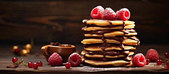 Poster - Homemade heart shaped pancakes stack with chocolate and raspberries. Website header. Creative Banner. Copyspace image