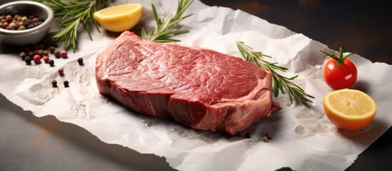 Poster - Raw beef ribeye steak on a baking paper ready to cook. Website header. Creative Banner. Copyspace image