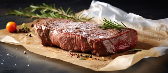Poster - Raw beef ribeye steak on a baking paper ready to cook. Website header. Creative Banner. Copyspace image