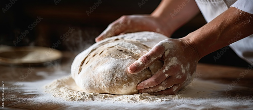 Making bread wheat with sourdough starter Homemade breadmaking female ...