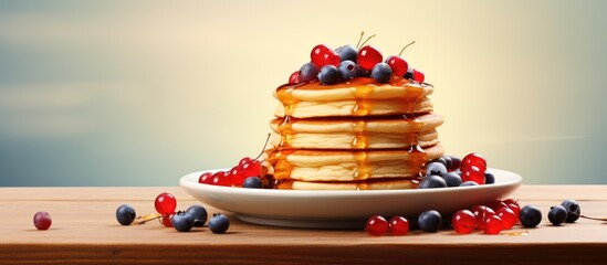 Poster - Pile of pancakes with red currants blueberries and honey on a grey plate with fork. Website header. Creative Banner. Copyspace image