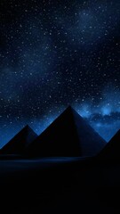 Wall Mural - view of three pyramids in the desert at night with a moving sky of stars and the milky way in the ba