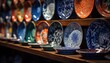 A Display of Plates on a Wooden Shelf