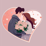 Fototapeta  - vector illustration of a couple in love with a bouquet of flowers on an abstract background with hearts