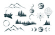 Мystical silhouettes of mountains, forests, moon and other design elements isolated on a white background. Vector illustration in boho style
