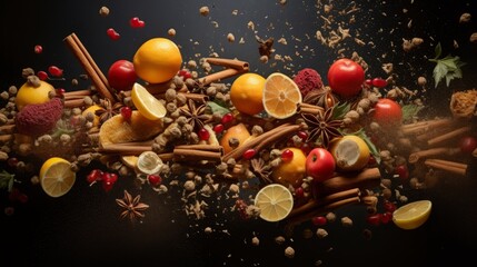 Wall Mural - spices and candy falling from above, food photography, 16:9