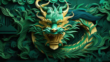 Chinese Green Dragon In Paper Cut Style. New Year Of The Dragon 2024