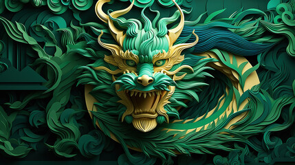 Wall Mural - Chinese green dragon in paper cut style. New Year of the Dragon 2024